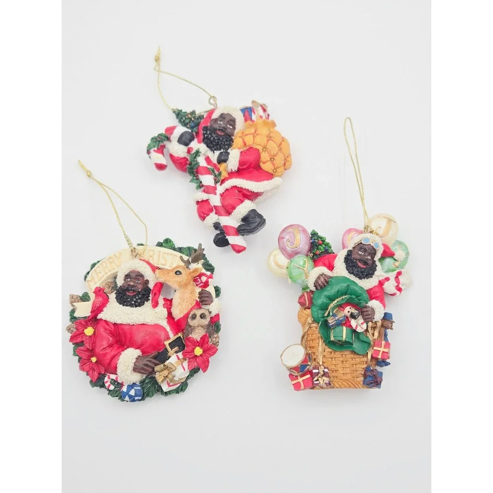 Set of 3 Black Santa Claus Resin Ornaments Wreath Candy Cane Gift Basket